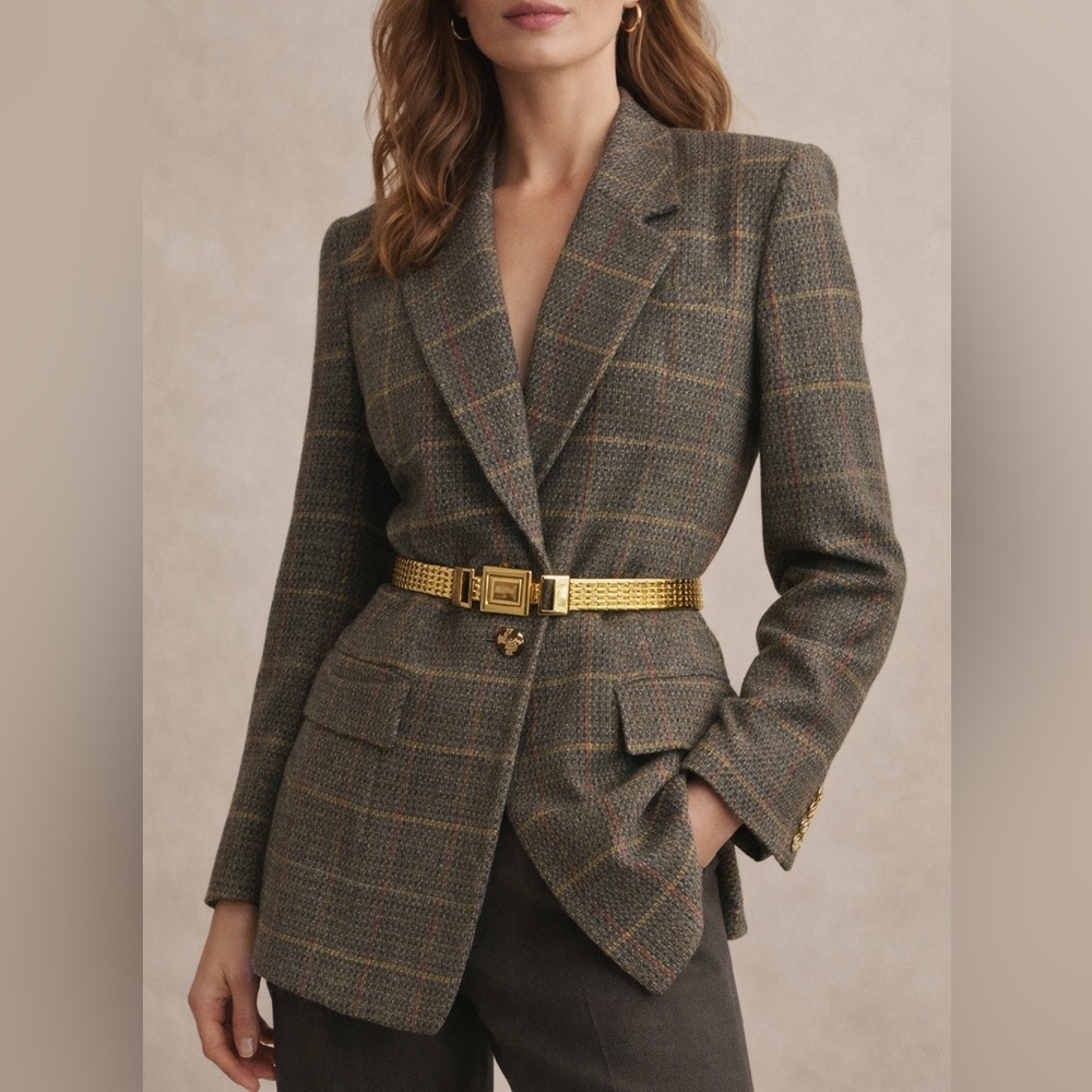 Doncaster Vintage 80s 100% Silk Brown Tweed Multicolor Plaid Longline Blazer 8 - Picture 3 of 17